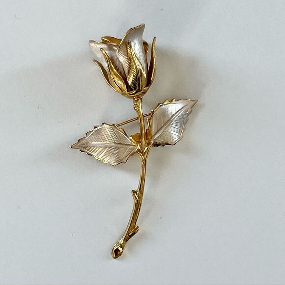 Vintage Two Tone Silver Gold Tone Rose Brooch - Picture 4 of 12